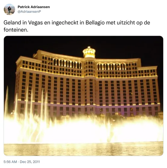 Geland in Vegas en ingecheckt in Bellagio met uitzicht op de fonteinen. http://t.co/Qj3zqnPk