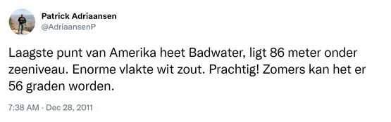 Laagste punt van Amerika heet Badwater, ligt 86 meter onder zeeniveau. Enorme vlakte wit zout. Prachtig! Zomers kan het er 56 graden worden. 