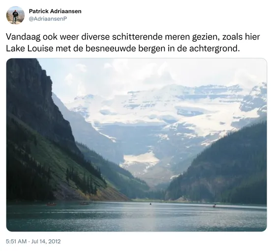 Vandaag ook weer diverse schitterende meren gezien, zoals hier Lake Louise met de besneeuwde bergen in de achtergrond. http://t.co/ibHVCu9a