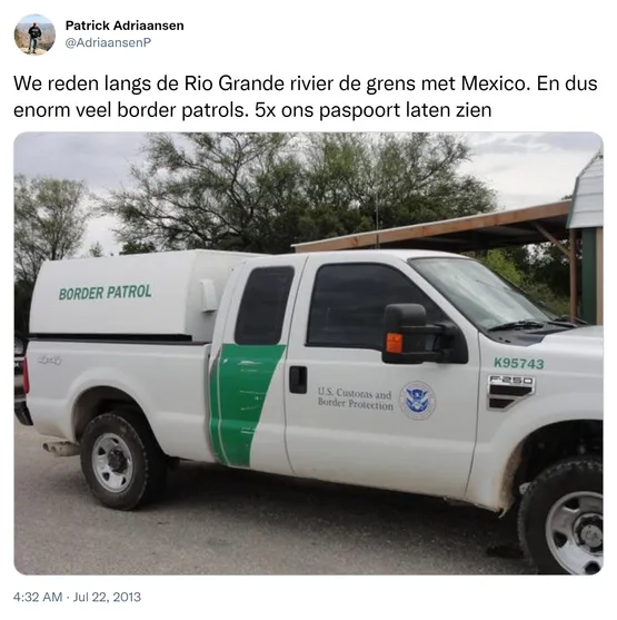 We reden langs de Rio Grande rivier de grens met Mexico. En dus enorm veel border patrols. 5x ons paspoort laten zien http://t.co/L775Z6xA1G
