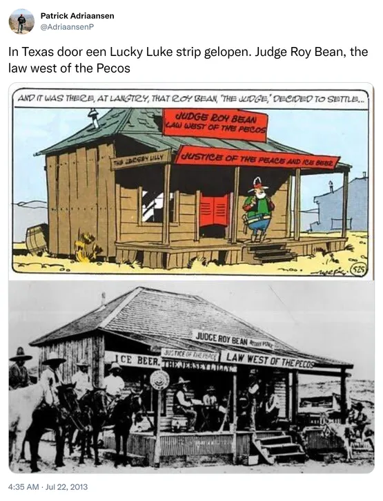 In Texas door een Lucky Luke strip gelopen. Judge Roy Bean, the law west of the Pecos http://t.co/Q8Zw8SLByf http://t.co/x5afJ7uQMT
