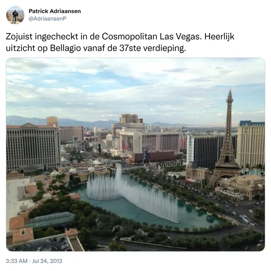 Zojuist ingecheckt in de Cosmopolitan Las Vegas. Heerlijk uitzicht op Bellagio vanaf de 37ste verdieping. http://t.co/a2brynhd3T
