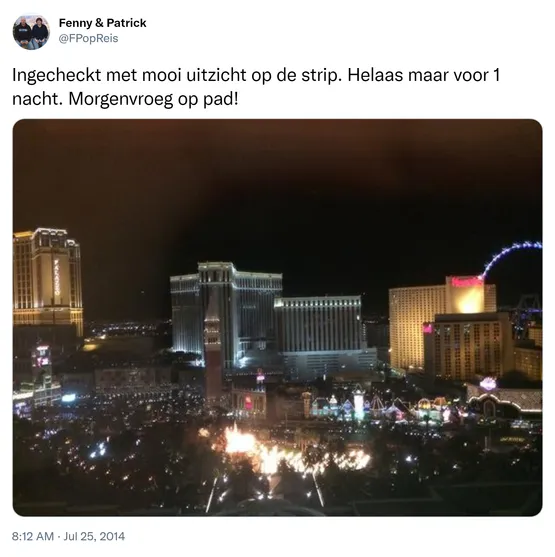 Ingecheckt met mooi uitzicht op de strip. Helaas maar voor 1 nacht. Morgenvroeg op pad! http://t.co/UfmKkD2SQ7
