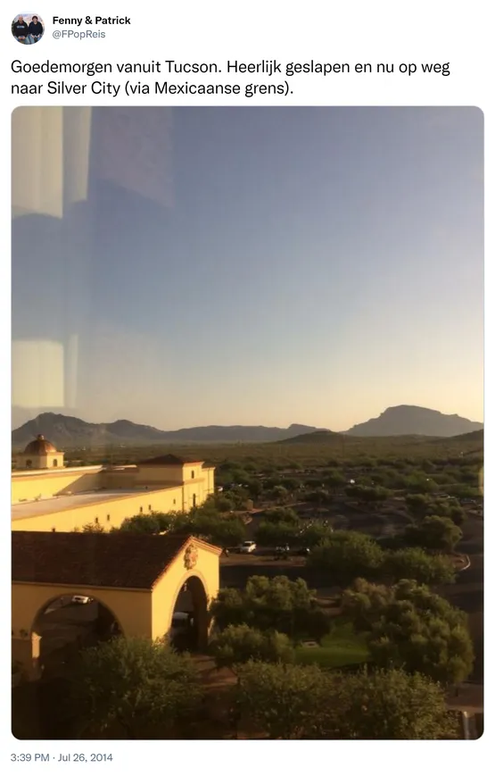 Goedemorgen vanuit Tucson. Heerlijk geslapen en nu op weg naar Silver City (via Mexicaanse grens). http://t.co/WiSXfo5tOA
