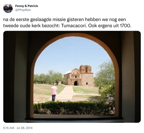 na de eerste geslaagde missie gisteren hebben we nog een tweede oude kerk bezocht: Tumacacori. Ook ergens uit 1700. http://t.co/OmMhhpoRts
