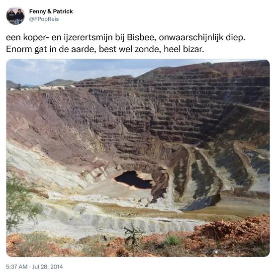 een koper- en ijzerertsmijn bij Bisbee, onwaarschijnlijk diep. Enorm gat in de aarde, best wel zonde, heel bizar. http://t.co/dJKla8CEyq 