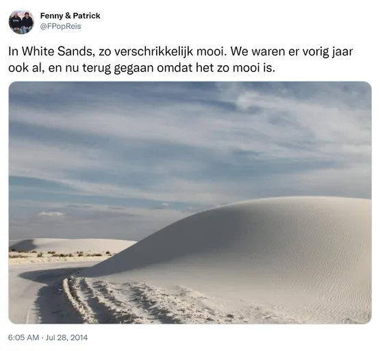 In White Sands, zo verschrikkelijk mooi. We waren er vorig jaar ook al, en nu terug gegaan omdat het zo mooi is. http://t.co/Fl1SmEwzUM 