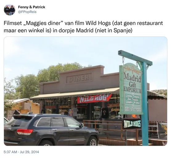Filmset „Maggies diner” van film Wild Hogs (dat geen restaurant maar een winkel is) in dorpje Madrid (niet in Spanje) http://t.co/W1qCCTJqro
