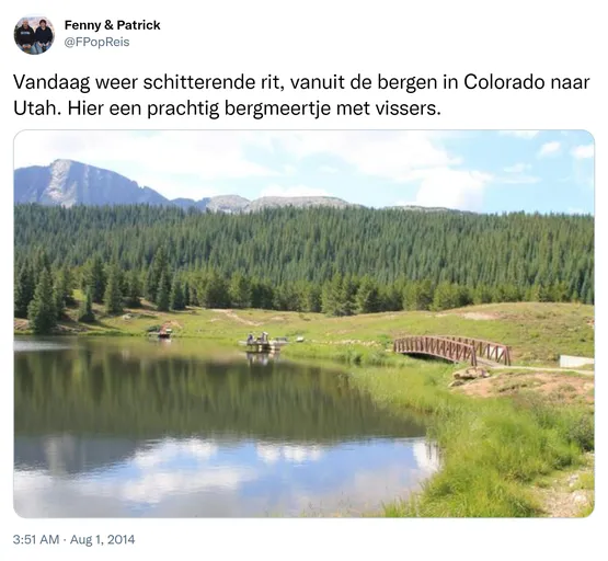 Vandaag weer schitterende rit, vanuit de bergen in Colorado naar Utah. Hier een prachtig bergmeertje met vissers. http://t.co/s93AdFPHyJ
