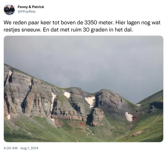 We reden paar keer tot boven de 3350 meter. Hier lagen nog wat restjes sneeuw. En dat met ruim 30 graden in het dal. http://t.co/FJM1SxTcQm
