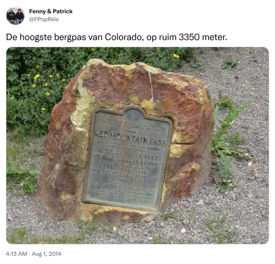 De hoogste bergpas van Colorado, op ruim 3350 meter. http://t.co/eHAhT3RZG7
