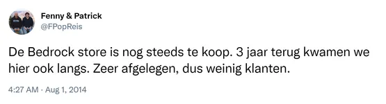 De Bedrock store is nog steeds te koop. 3 jaar terug kwamen we hier ook langs. Zeer afgelegen, dus weinig klanten.
