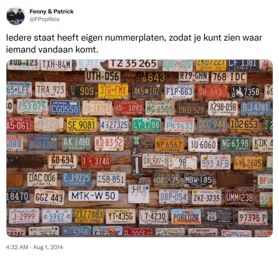 Iedere staat heeft eigen nummerplaten, zodat je kunt zien waar iemand vandaan komt. http://t.co/Ue4Uem0aJY
