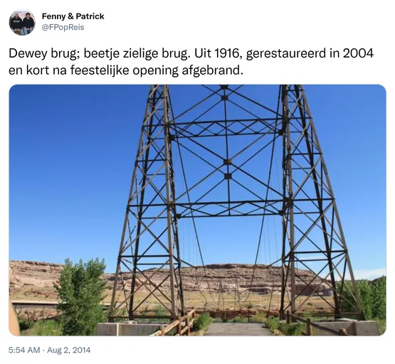 Dewey brug; beetje zielige brug. Uit 1916, gerestaureerd in 2004 en kort na feestelijke opening afgebrand. http://t.co/dHwosTtESJ
