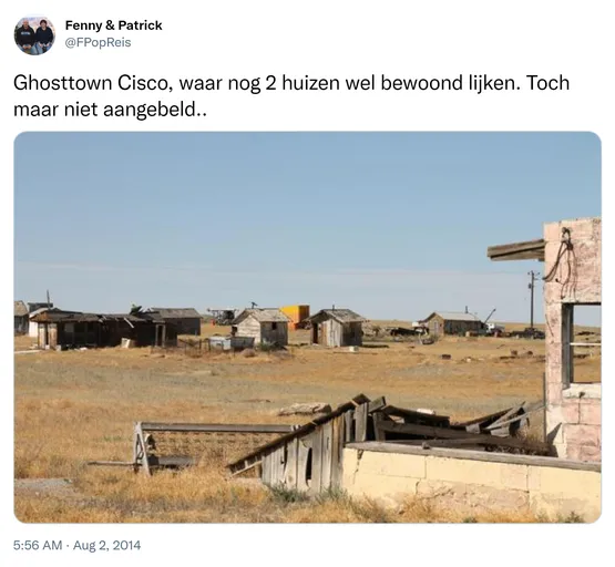 Ghosttown Cisco, waar nog 2 huizen wel bewoond lijken. Toch maar niet aangebeld.. http://t.co/wrq5D6txsf
