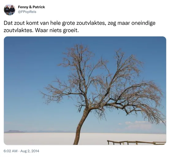 Dat zout komt van hele grote zoutvlaktes, zeg maar oneindige zoutvlaktes. Waar niets groeit. http://t.co/4J2mDbwPlQ
