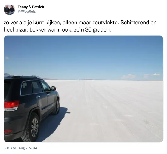 zo ver als je kunt kijken, alleen maar zoutvlakte. Schitterend en heel bizar. Lekker warm ook, zo’n 35 graden. http://t.co/JZTVrws0Zs
