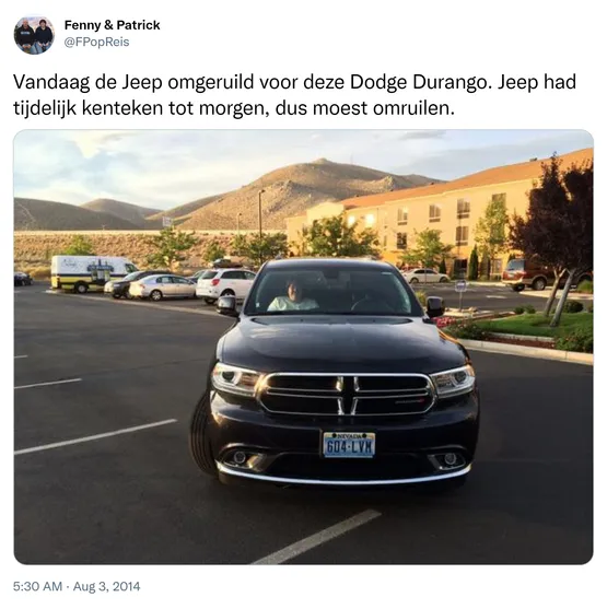 Vandaag de Jeep omgeruild voor deze Dodge Durango. Jeep had tijdelijk kenteken tot morgen, dus moest omruilen. http://t.co/yUcFcetFlS 