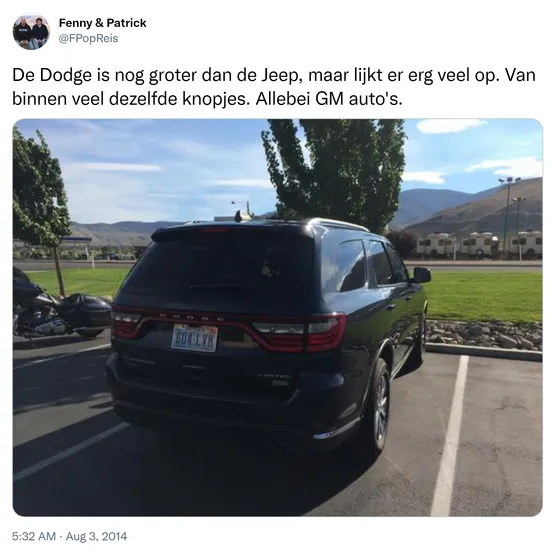 De Dodge is nog groter dan de Jeep, maar lijkt er erg veel op. Van binnen veel dezelfde knopjes. Allebei GM auto's. http://t.co/tnXH5vKQUT
