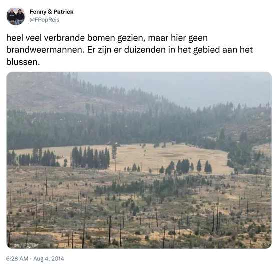 heel veel verbrande bomen gezien, maar hier geen brandweermannen. Er zijn er duizenden in het gebied aan het blussen. http://t.co/vQ5ks8jeLt
