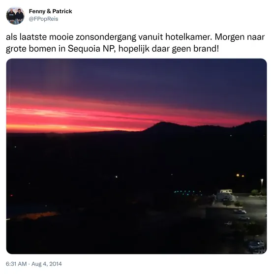 als laatste mooie zonsondergang vanuit hotelkamer. Morgen naar grote bomen in Sequoia NP, hopelijk daar geen brand! http://t.co/UZ9zJ189fD
