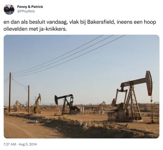 en dan als besluit vandaag, vlak bij Bakersfield, ineens een hoop olievelden met ja-knikkers. http://t.co/P5mwvgzUno 