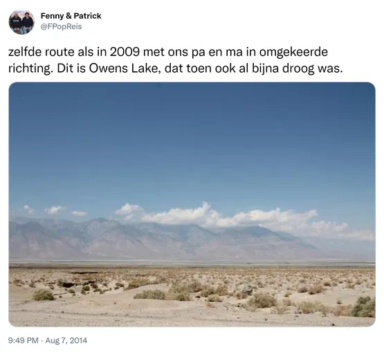 zelfde route als in 2009 met ons pa en ma in omgekeerde richting. Dit is Owens Lake, dat toen ook al bijna droog was. http://t.co/sJAxpfk9pn
