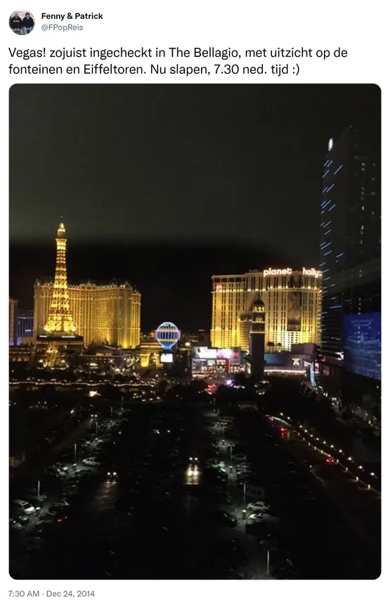 Vegas! zojuist ingecheckt in The Bellagio, met uitzicht op de fonteinen en Eiffeltoren. Nu slapen, 7.30 ned. tijd :) http://t.co/sxoKcugQsP