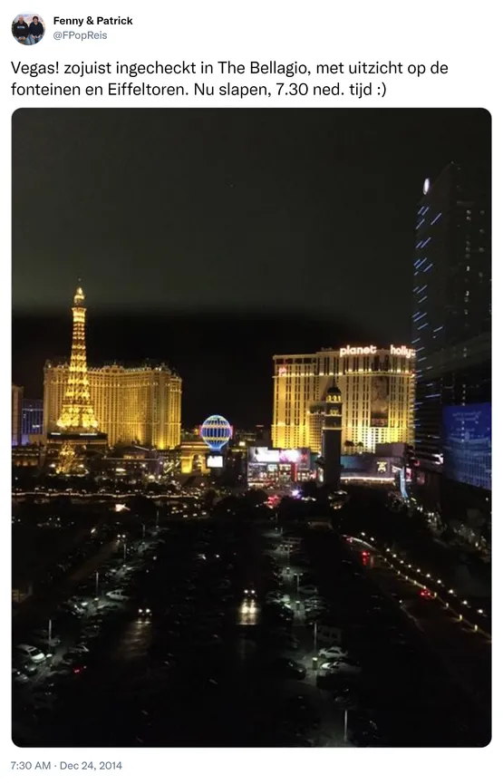 Vegas! zojuist ingecheckt in The Bellagio, met uitzicht op de fonteinen en Eiffeltoren. Nu slapen, 7.30 ned. tijd :) http://t.co/sxoKcugQsP 