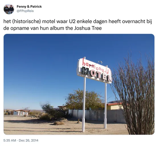het (historische) motel waar U2 enkele dagen heeft overnacht bij de opname van hun album the Joshua Tree http://t.co/8O8CcfrksK
