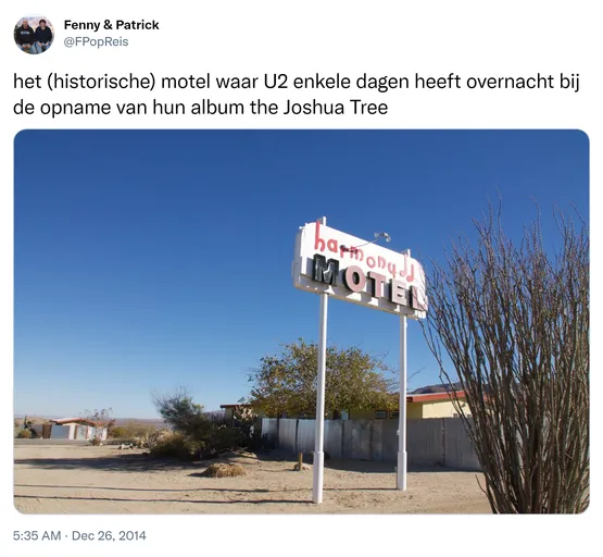 het (historische) motel waar U2 enkele dagen heeft overnacht bij de opname van hun album the Joshua Tree http://t.co/8O8CcfrksK 