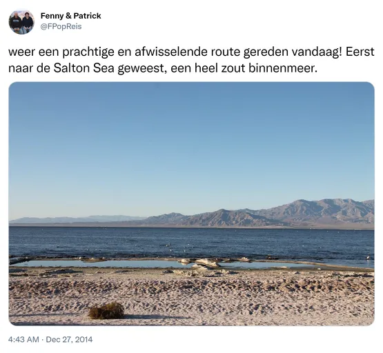 weer een prachtige en afwisselende route gereden vandaag! Eerst naar de Salton Sea geweest, een heel zout binnenmeer. http://t.co/mQv8GOQqNN
