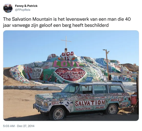 The Salvation Mountain is het levenswerk van een man die 40 jaar vanwege zijn geloof een berg heeft beschilderd http://t.co/FI67bdJjXp
