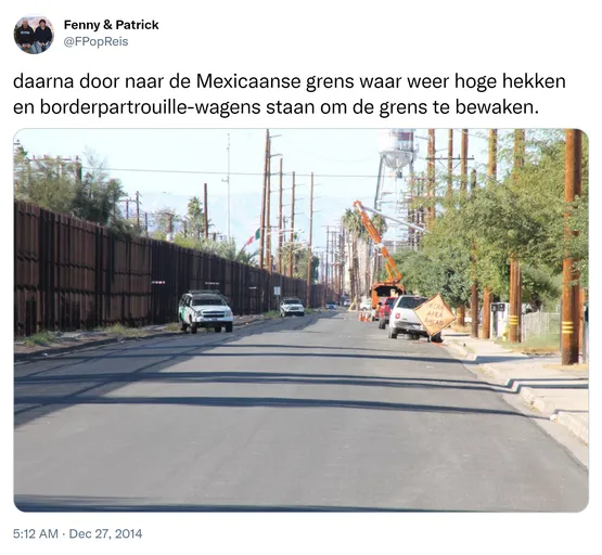 daarna door naar de Mexicaanse grens waar weer hoge hekken en borderpartrouille-wagens staan om de grens te bewaken. http://t.co/VGCGkmZ1JM
