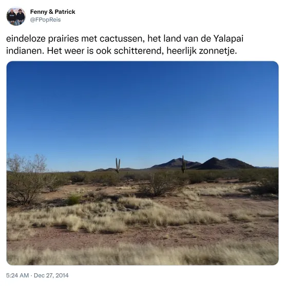 eindeloze prairies met cactussen, het land van de Yalapai indianen. Het weer is ook schitterend, heerlijk zonnetje. http://t.co/wohtXcFrbg 