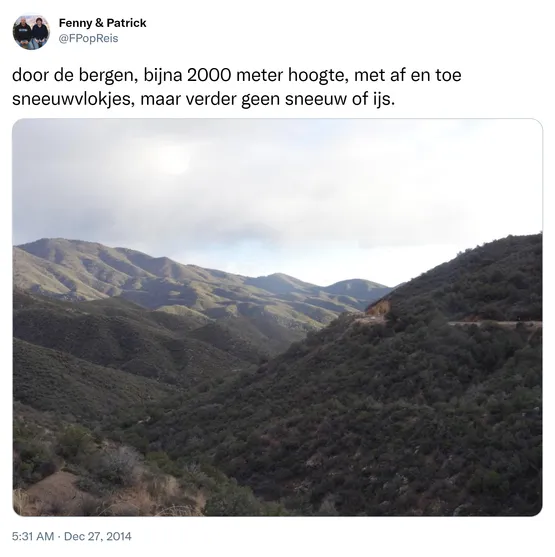door de bergen, bijna 2000 meter hoogte, met af en toe sneeuwvlokjes, maar verder geen sneeuw of ijs. http://t.co/9oj3NNWYkD
