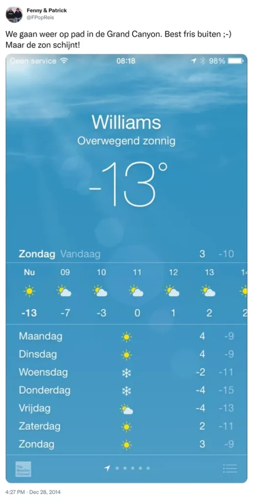 We gaan weer op pad in de Grand Canyon. Best fris buiten ;-) Maar de zon schijnt! http://t.co/OZABxjwYrN