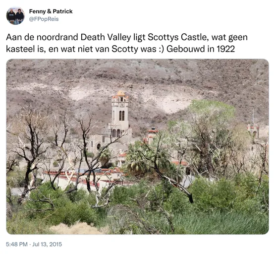 Aan de noordrand Death Valley ligt Scottys Castle, wat geen kasteel is, en wat niet van Scotty was :) Gebouwd in 1922 http://t.co/agjKQH6mQV 