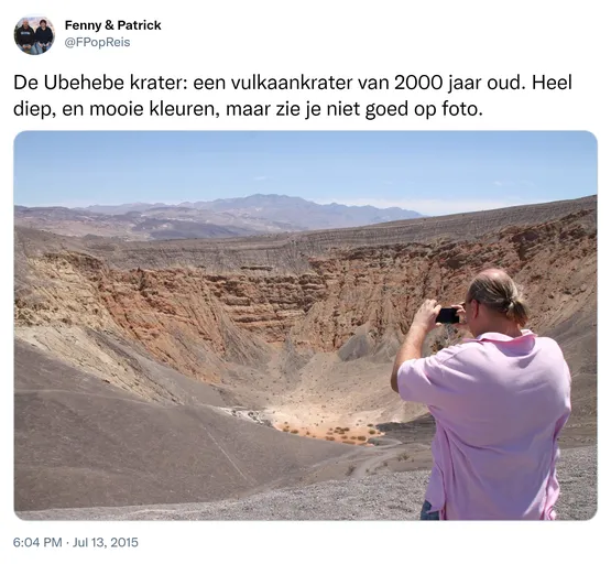 De Ubehebe krater: een vulkaankrater van 2000 jaar oud. Heel diep, en mooie kleuren, maar zie je niet goed op foto. http://t.co/PPOSBy6oPi 