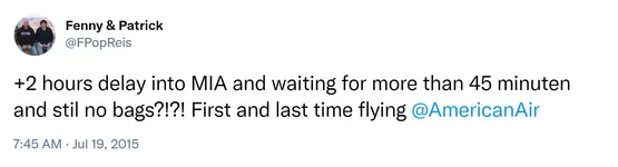 +2 hours delay into MIA and waiting for more than 45 minuten and stil no bags?!?! First and last time flying @AmericanAir
