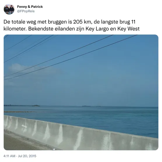 De totale weg met bruggen is 205 km, de langste brug 11 kilometer. Bekendste eilanden zijn Key Largo en Key West http://t.co/gr5WysKIQV 