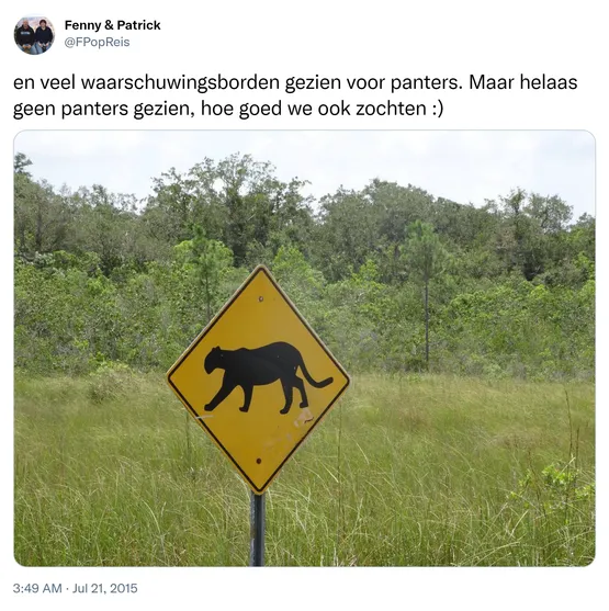 en veel waarschuwingsborden gezien voor panters. Maar helaas geen panters gezien, hoe goed we ook zochten :) http://t.co/KIT84cZhQ6