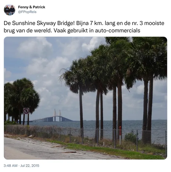 De Sunshine Skyway Bridge! Bijna 7 km. lang en de nr. 3 mooiste brug van de wereld. Vaak gebruikt in auto-commercials http://t.co/tPE4PJpRBG