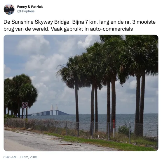 De Sunshine Skyway Bridge! Bijna 7 km. lang en de nr. 3 mooiste brug van de wereld. Vaak gebruikt in auto-commercials http://t.co/tPE4PJpRBG