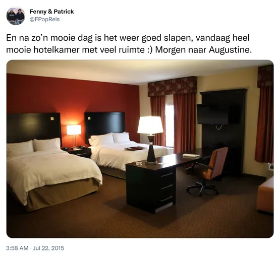 En na zo’n mooie dag is het weer goed slapen, vandaag heel mooie hotelkamer met veel ruimte :) Morgen naar Augustine. http://t.co/SKEDLZ8MfD 