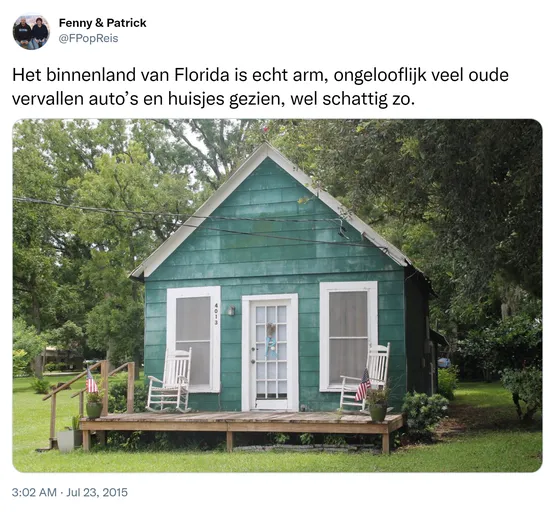 Het binnenland van Florida is echt arm, ongelooflijk veel oude vervallen auto’s en huisjes gezien, wel schattig zo. http://t.co/Pq5YmAxHvP