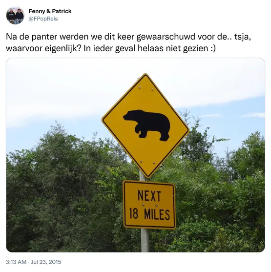 Na de panter werden we dit keer gewaarschuwd voor de.. tsja, waarvoor eigenlijk? In ieder geval helaas niet gezien :) http://t.co/ULJEJWfgQU 