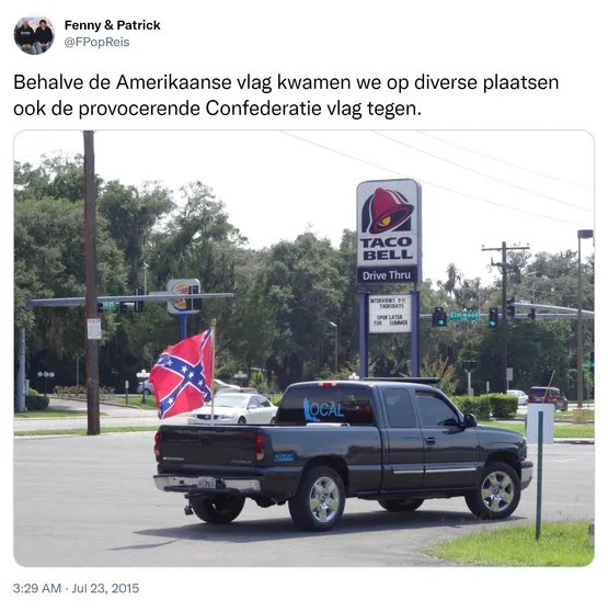 Behalve de Amerikaanse vlag kwamen we op diverse plaatsen ook de provocerende Confederatie vlag tegen. http://t.co/BIhmhZ9SgG 