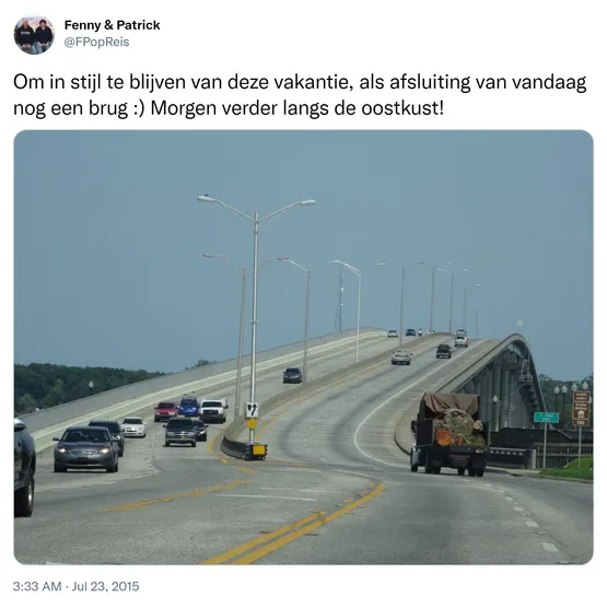 Om in stijl te blijven van deze vakantie, als afsluiting van vandaag nog een brug :) Morgen verder langs de oostkust! http://t.co/bcaQ3GzPMD 