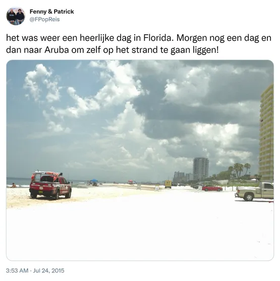 het was weer een heerlijke dag in Florida. Morgen nog een dag en dan naar Aruba om zelf op het strand te gaan liggen! http://t.co/gEV6n3lrat 